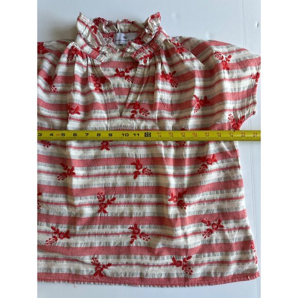 Never A Wallflower S Red & White Striped Embroidered Floral Cotton Top Ruffled C - Picture 5 of 8